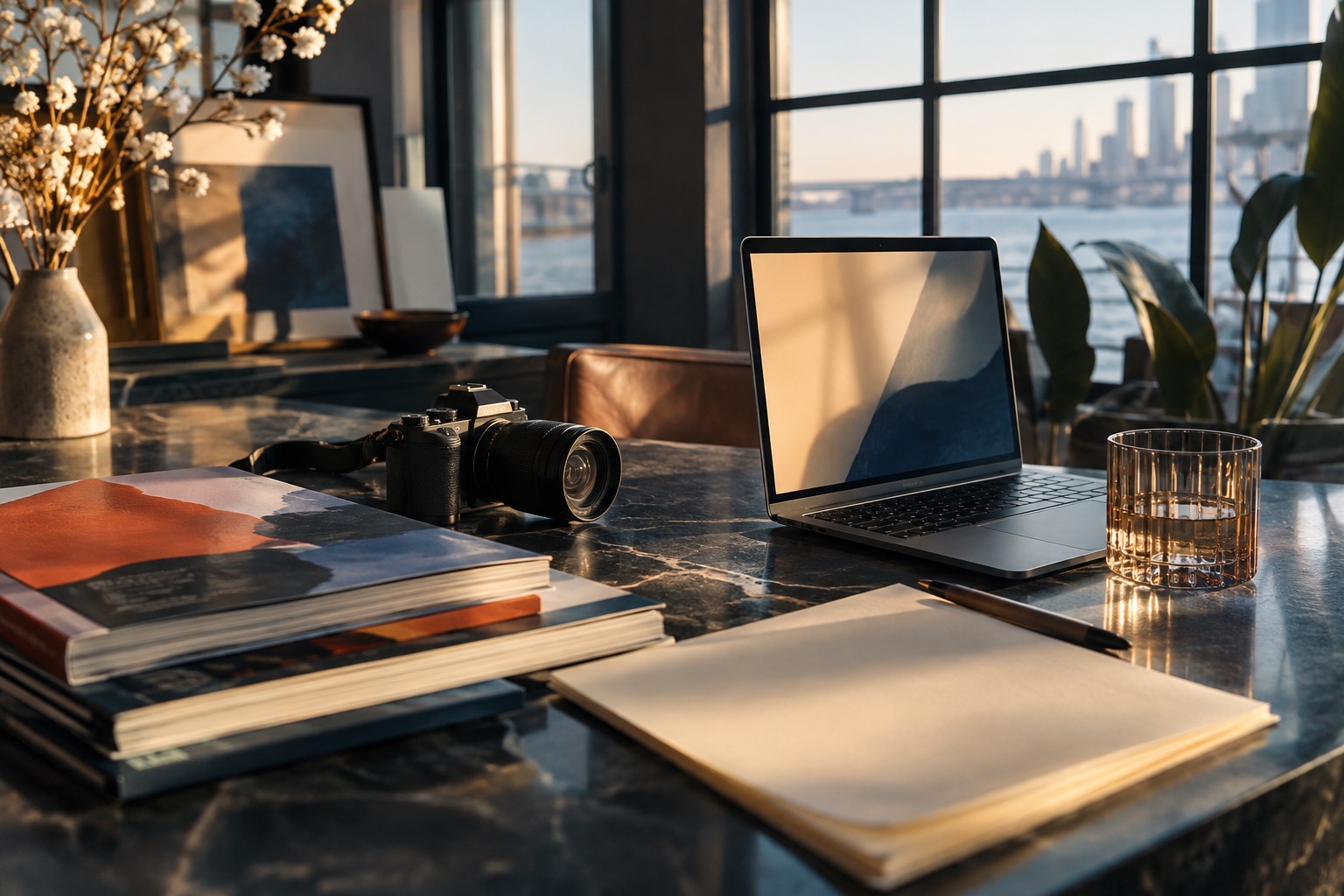 Illustrative creative desk with camera and editorial materials