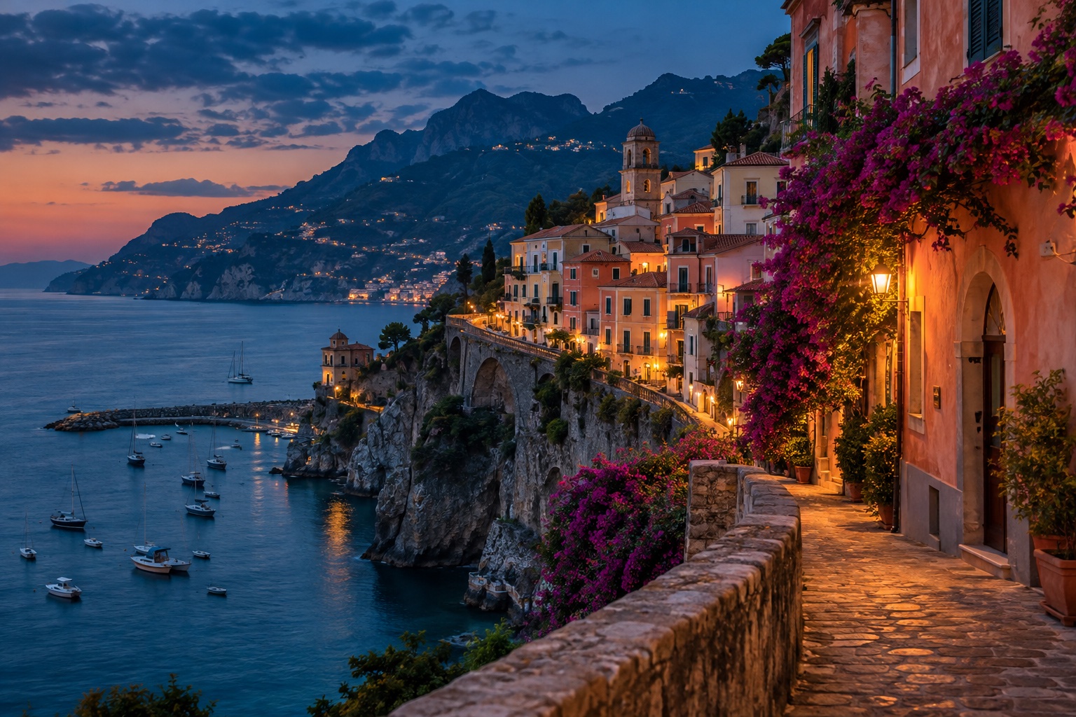 Illustrative coastal town at dusk